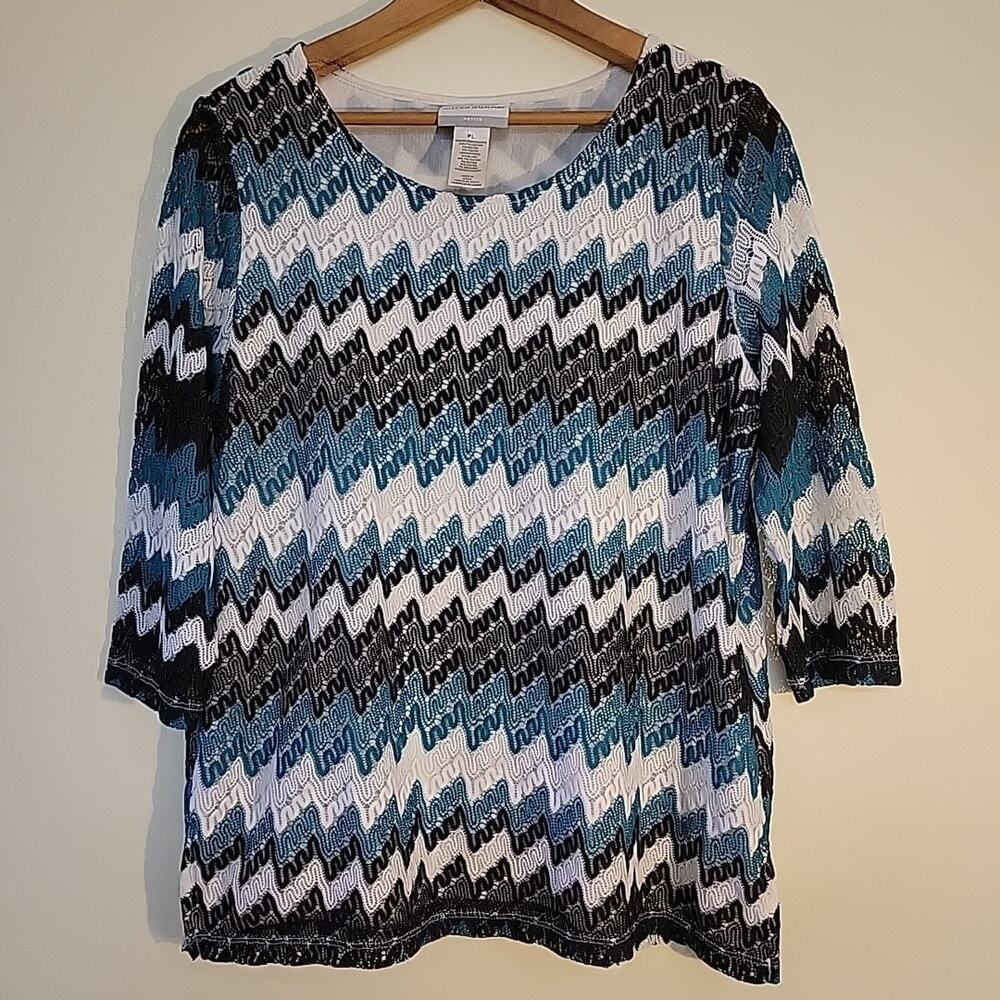 Alfred Dunner Womens Lace Mesh Knit Top 3/4 Sleeve L Beach Cruise Festival Sheer